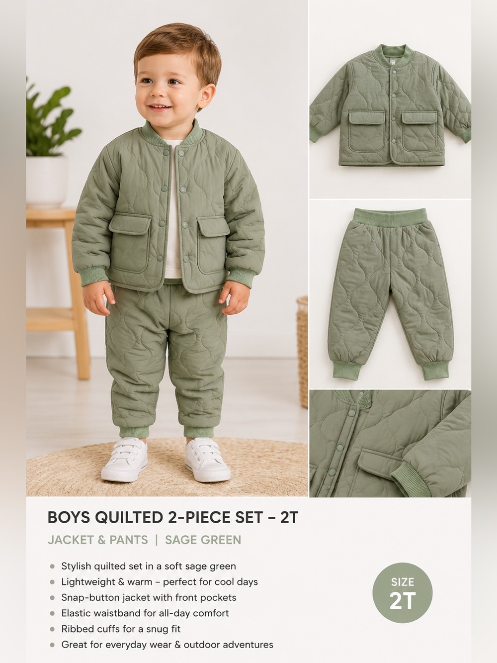 NWT All Small Co. Sage Green Quilted 2-Piece Jacket & Pants Set, outfit